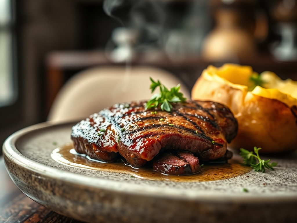 Freshly prepared steak and baked potato recipes