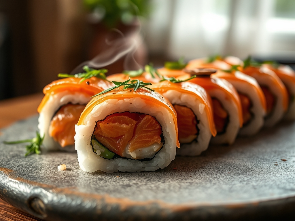 Freshly prepared sushi rolls with salmon recipes