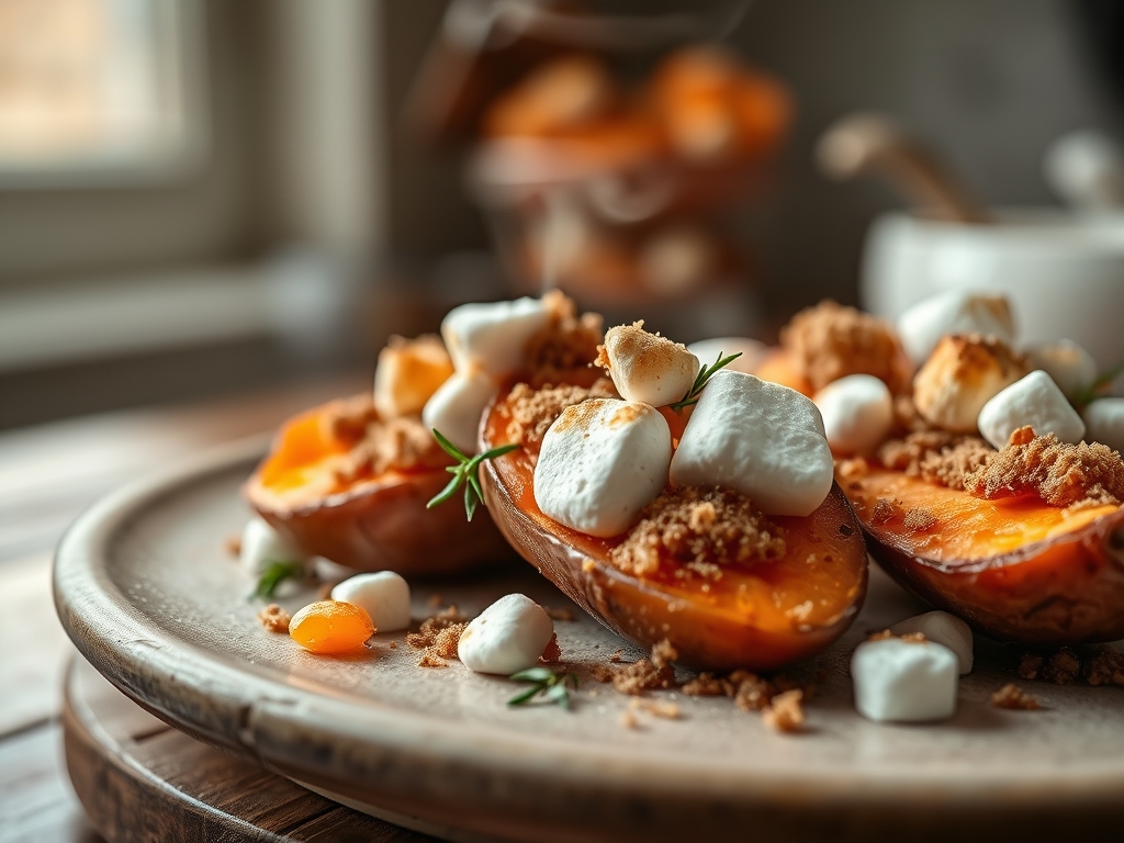 Freshly prepared sweet potato recipes with brown sugar and marshmallows