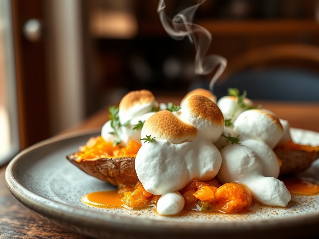 Freshly prepared sweet potato recipes with marshmallow topping